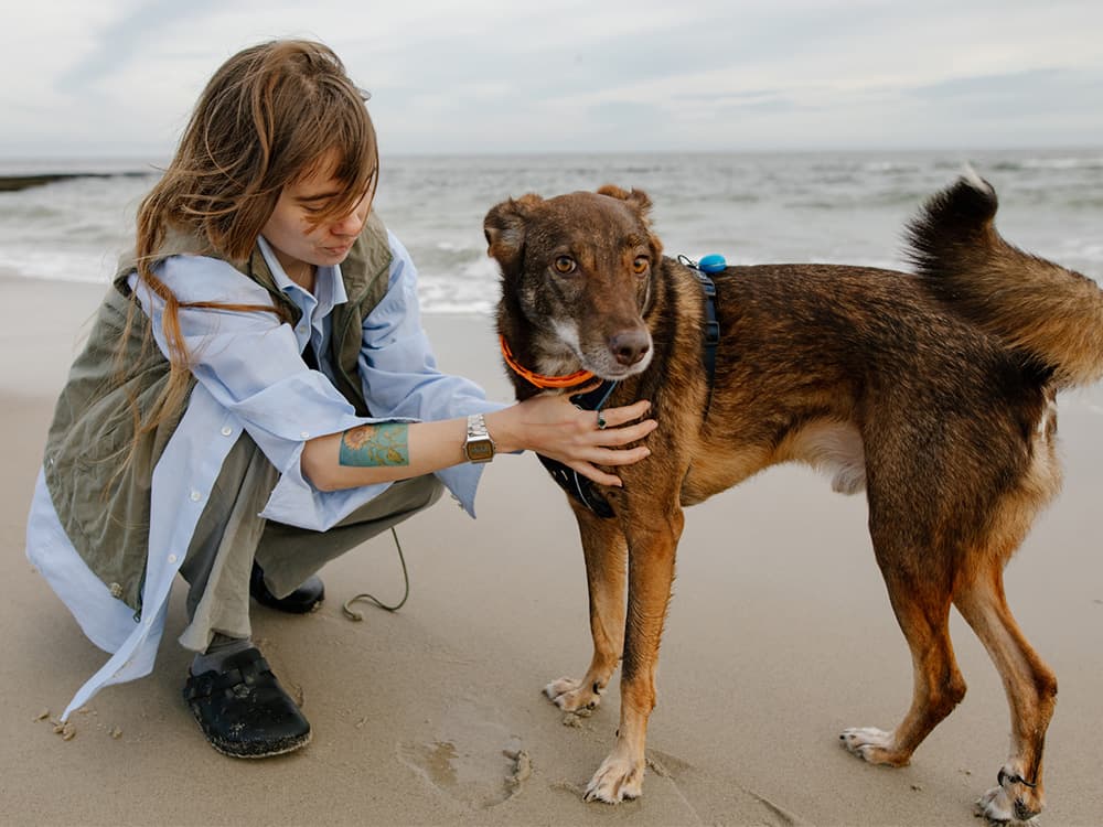 girl with red hair walks with a dog by the sea