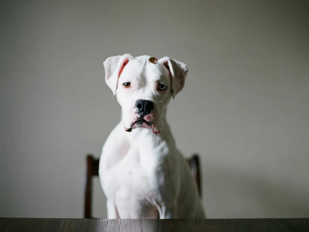 white boxer dog sitting on chair
