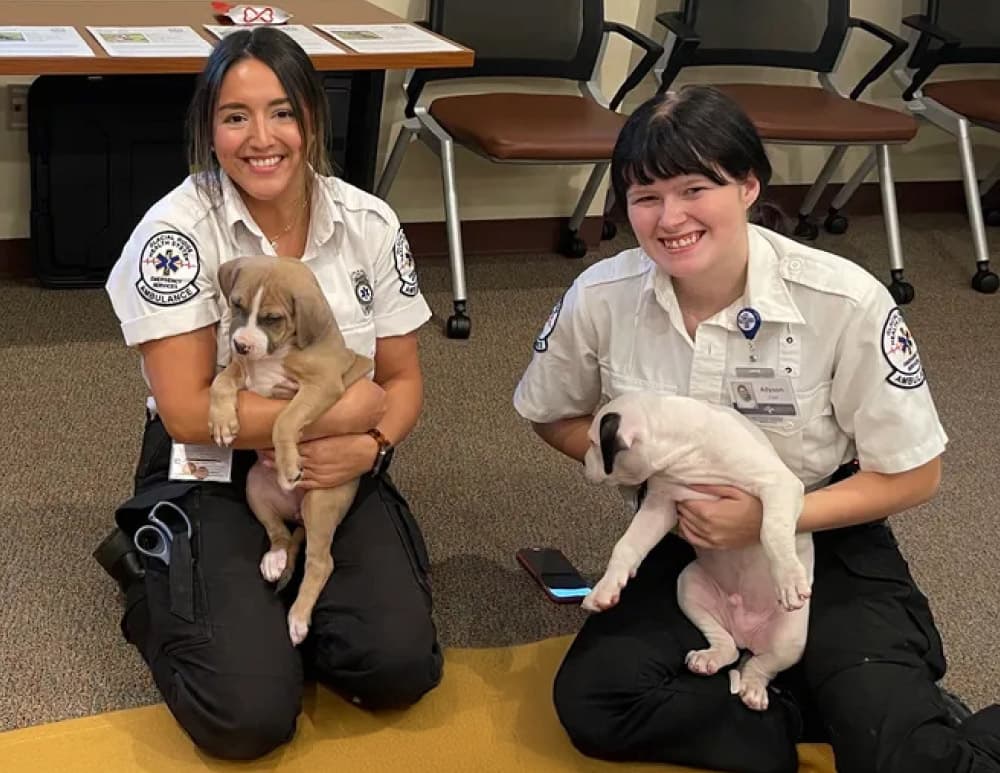 2 people sitting with 2 puppies