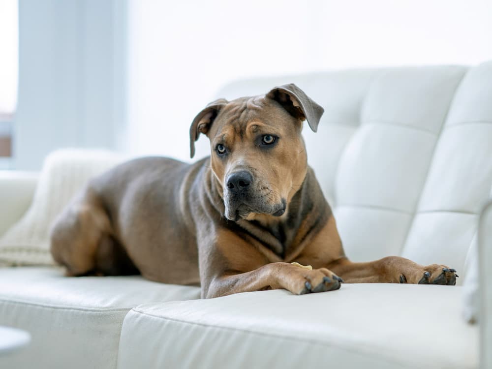 Pit Bull and Mastiff mixed breed dog laying on couch.