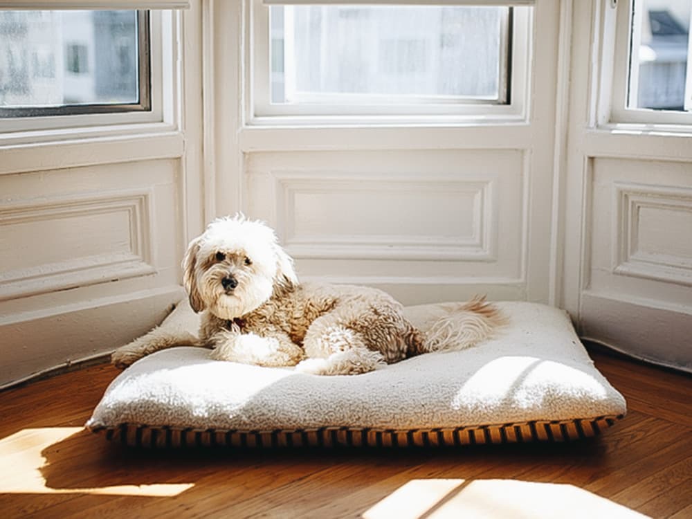 Whoodle dog on bed