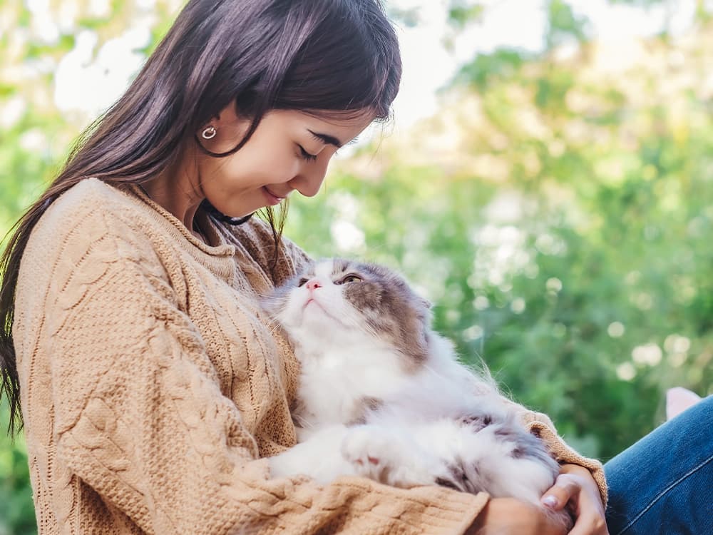 Woman with long hair in brown sweater and jean holding a cat in her lap