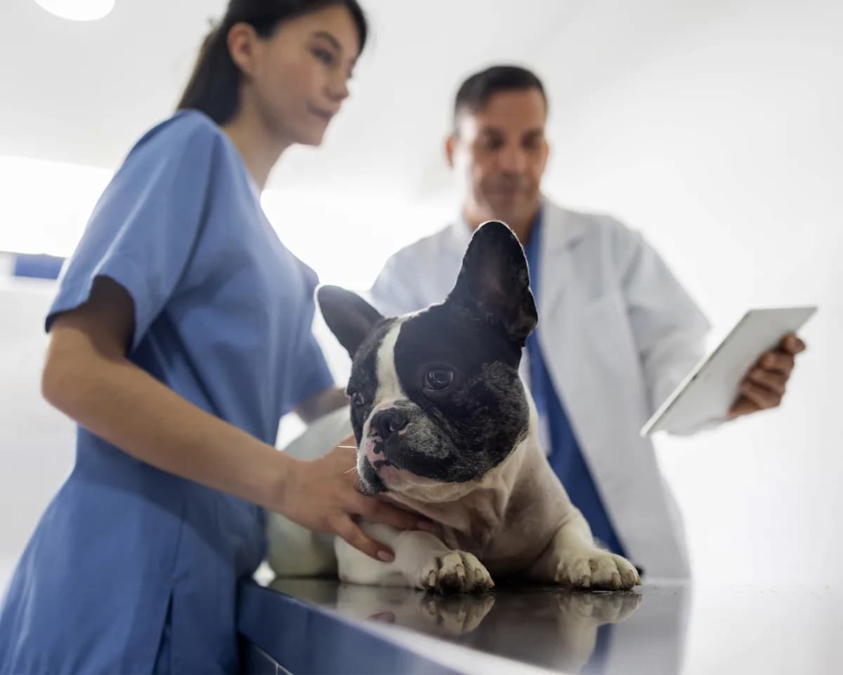 veterinarian checking on french bulldog