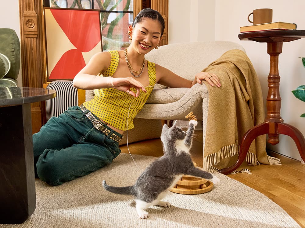 Woman playing with kitten on the floor